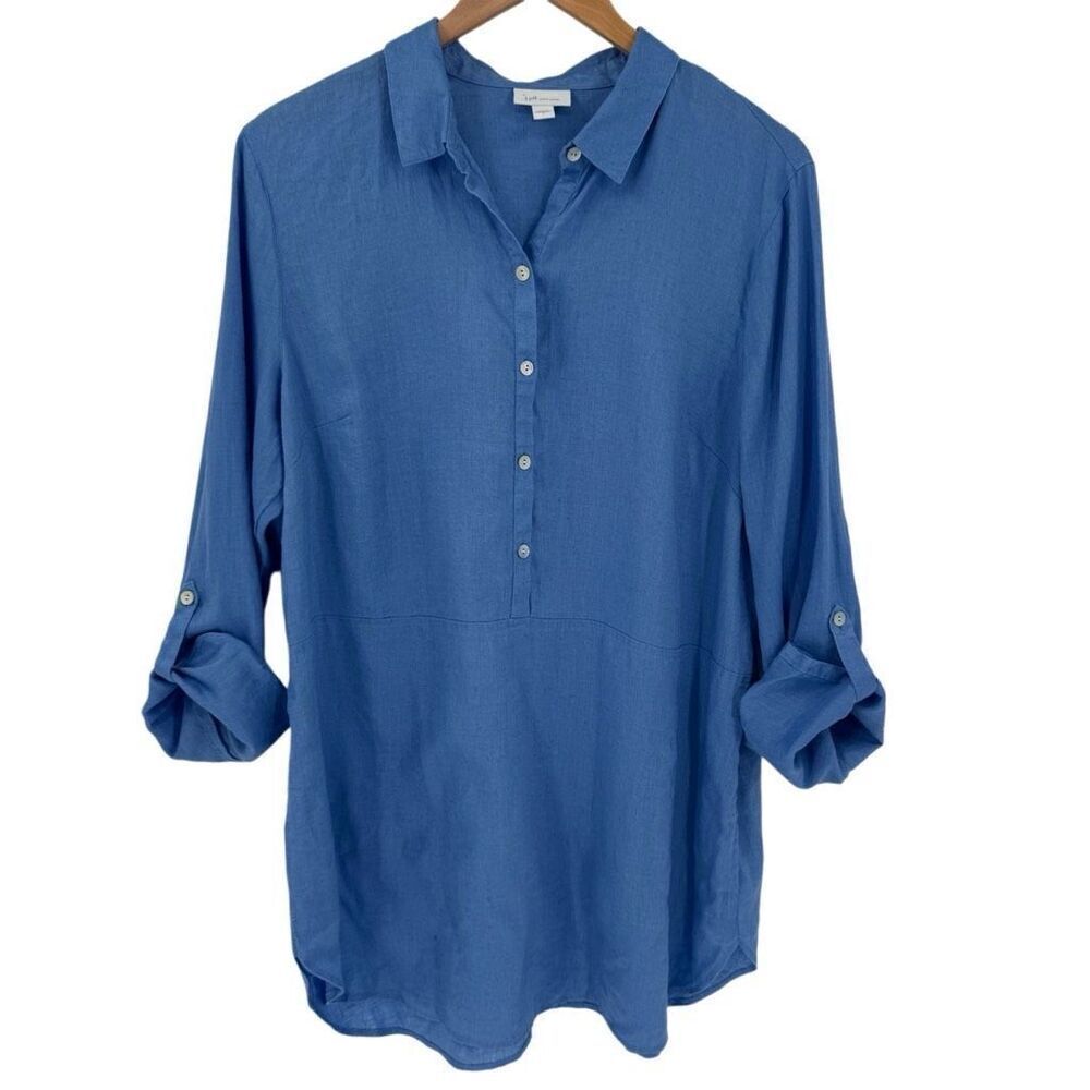 J Jill Love Linen Long Roll Tab Sleeve Half Button Tunic Top‎ Blue Women Large